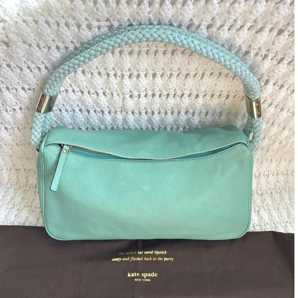 Kate Spade Aqua Green Leather Small Shoulder Bag Rope Strap /Dust Bag